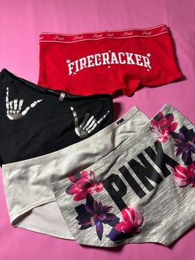 PINK Victoria's Secret Red "Firecracker" & Black, Gray Floral Hipster Panty Set